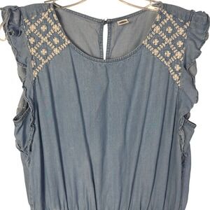 Old Navy Womens Chambray Jumpsuit Embroidered Ruffle Sleeves Boho‎ Summer Size M